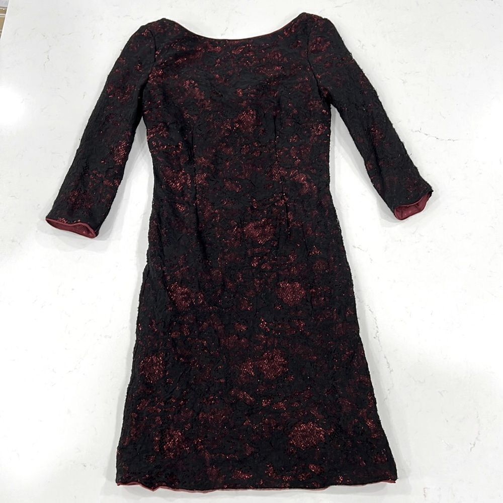 AIDAN MATTOX ~ Black Illusion Lace Red Embroidered Sheath Party Dress size 2